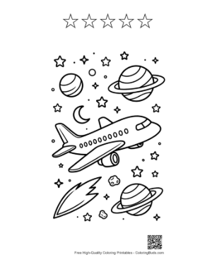 Thumbnail: Passenger Plane Flying Through Outer Space with Planets Printable and 5 Star Outline