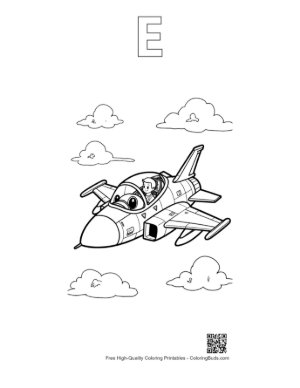 Thumbnail: Small Smiling Cartoon Jet Plane Flying in the Clouds Printable Outline Alphabet E