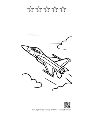 Thumbnail: Twin-Engine Military Interceptor Jet in Mid-Air Printable and 5 Star Outline