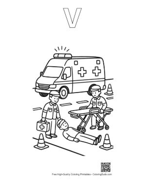Thumbnail: Emergency Medical Scene with a Rescue Van and Crew Printable Outline Alphabet V