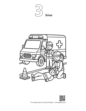 Thumbnail: First Responders Providing Aid Next to a Rescue Vehicle Printable Outline Number 3