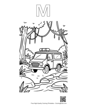Thumbnail: Rescue Van Crossing a Rocky Stream in the Jungle Printable Outline Alphabet M