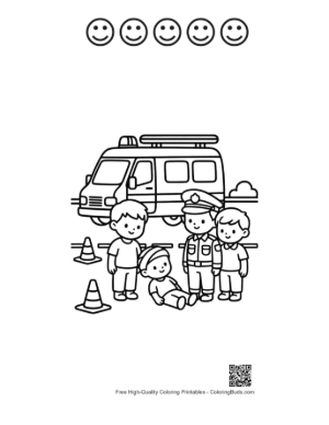 Thumbnail: Rescue Workers Helping a Child Near the Ambulance Van Printable and 5 Happy Face Outline