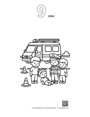 Thumbnail: Rescue Workers Helping a Child Near the Ambulance Van Printable Outline Number 9
