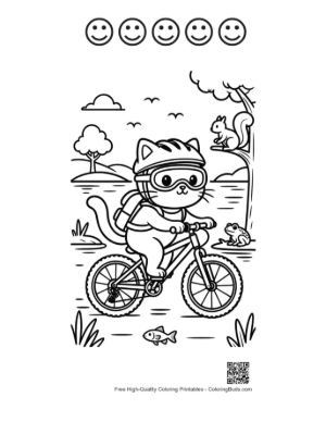 Thumbnail: Adorable Kitten on a Bicycle in the Countryside Printable and 5 Happy Face Outline