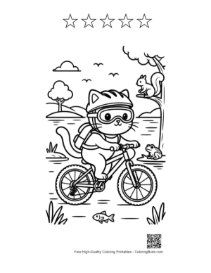 Thumbnail: Adorable Kitten on a Bicycle in the Countryside Printable and 5 Star Outline