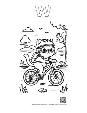 Thumbnail: Adorable Kitten on a Bicycle in the Countryside Printable Outline Alphabet W