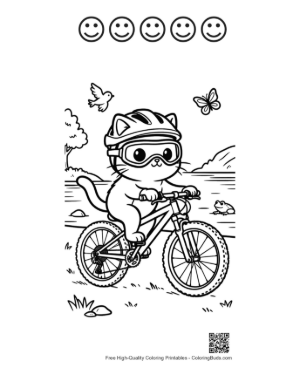 Thumbnail: Cartoon Cat Enjoying a Mountain Biking Adventure Printable and 5 Happy Face Outline
