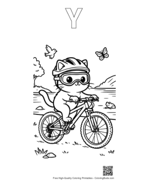 Thumbnail: Cartoon Cat Enjoying a Mountain Biking Adventure Printable Outline Alphabet Y
