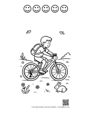 Thumbnail: Child Pedaling a Mountain Bike Through the Woods Printable and 5 Happy Face Outline