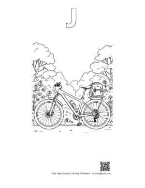 Thumbnail: Sporty Mountain Bike in a Beautiful Flower Field Printable Outline Alphabet J