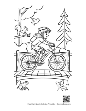 Thumbnail: Young Boy Pedaling Across a Scenic Trail Bridge Printable