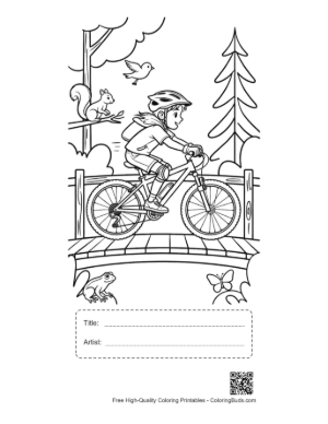 Thumbnail: Young Boy Pedaling Across a Scenic Trail Bridge Printable with Title and Artist Box