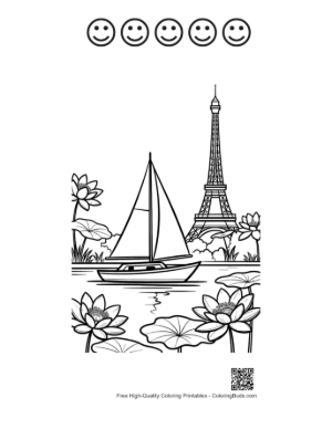 Thumbnail: Beautiful Sailboat Drifting by the Eiffel Tower Landmark Printable and 5 Happy Face Outline