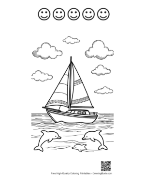 Thumbnail: Beautiful Sailboat Seascape with Jumping Dolphins Printable and 5 Happy Face Outline