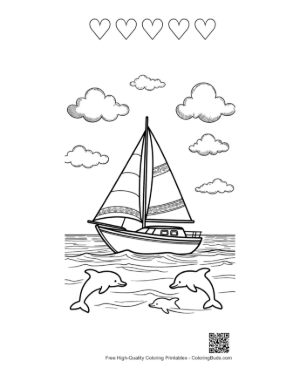 Thumbnail: Beautiful Sailboat Seascape with Jumping Dolphins Printable and 5 Heart Outline
