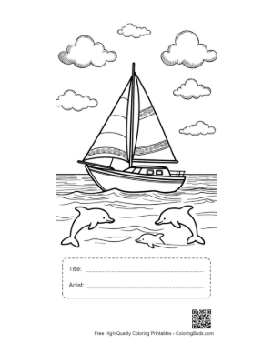 Thumbnail: Beautiful Sailboat Seascape with Jumping Dolphins Printable with Title and Artist Box
