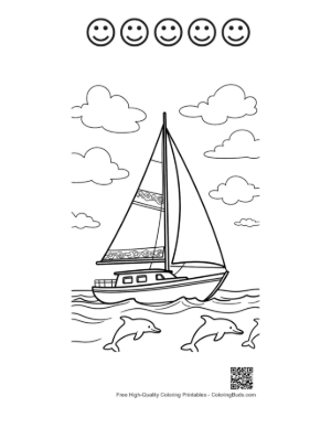 Thumbnail: Classic Sailboat Navigating Waves with Dolphins Printable and 5 Happy Face Outline