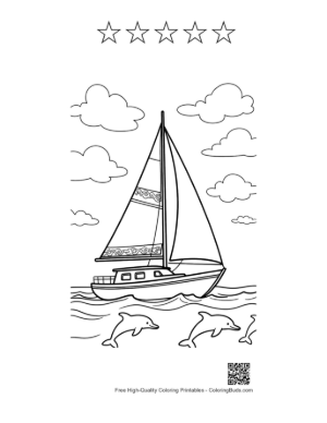 Thumbnail: Classic Sailboat Navigating Waves with Dolphins Printable and 5 Star Outline