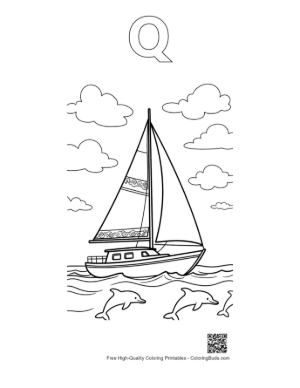 Thumbnail: Classic Sailboat Navigating Waves with Dolphins Printable Outline Alphabet Q