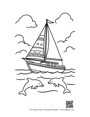 Thumbnail: Large Sailboat and Friendly Dolphins in the Waves Printable