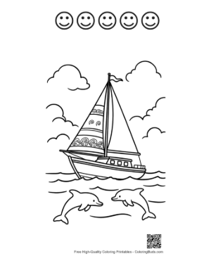 Thumbnail: Large Sailboat and Friendly Dolphins in the Waves Printable and 5 Happy Face Outline