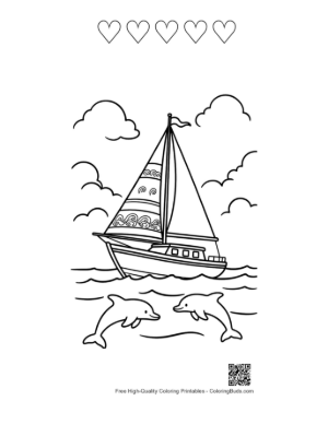 Thumbnail: Large Sailboat and Friendly Dolphins in the Waves Printable and 5 Heart Outline