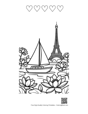 Thumbnail: Sailboat and Lotus Flowers with Eiffel Tower Backdrop Printable and 5 Heart Outline