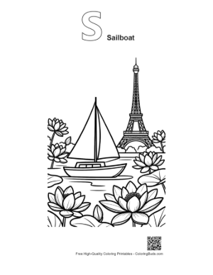 Thumbnail: Sailboat and Lotus Flowers with Eiffel Tower Backdrop Printable Outline Alphabet S Sailboat