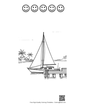 Thumbnail: Sailboat Approaching a Tropical Dock with Palms Printable and 5 Happy Face Outline