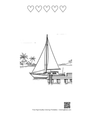 Thumbnail: Sailboat Approaching a Tropical Dock with Palms Printable and 5 Heart Outline