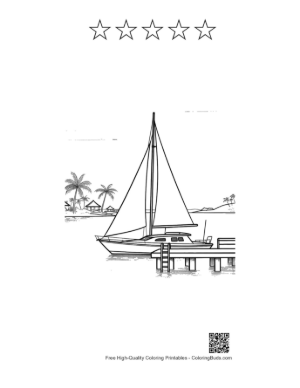 Thumbnail: Sailboat Approaching a Tropical Dock with Palms Printable and 5 Star Outline