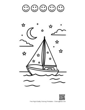 Thumbnail: Sailboat at Night with Crescent Moon and Stars Printable and 5 Happy Face Outline