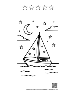 Thumbnail: Sailboat at Night with Crescent Moon and Stars Printable and 5 Star Outline