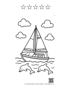 Thumbnail: Sailboat Cruising with Jumping Dolphins in the Ocean Printable and 5 Star Outline