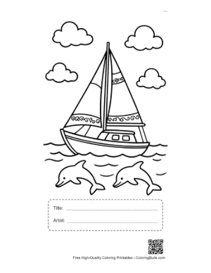 Thumbnail: Sailboat Cruising with Jumping Dolphins in the Ocean Printable with Title and Artist Box
