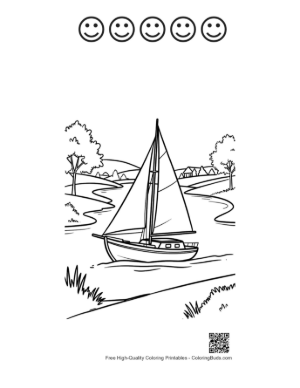 Thumbnail: Sailboat Drifting Down a Peaceful Forest River Printable and 5 Happy Face Outline