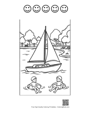 Thumbnail: Sailboat Near a Beach with Kids Playing in Water Printable and 5 Happy Face Outline