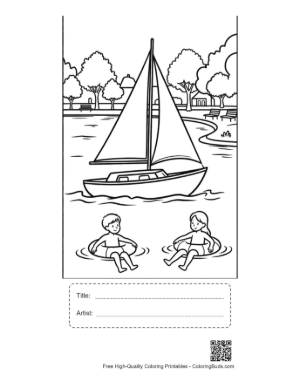 Thumbnail: Sailboat Near a Beach with Kids Playing in Water Printable with Title and Artist Box