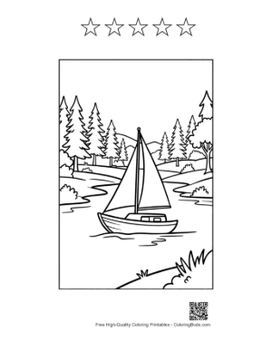 Thumbnail: Sailing Along a Scenic River Bank with Tall Trees Printable and 5 Star Outline
