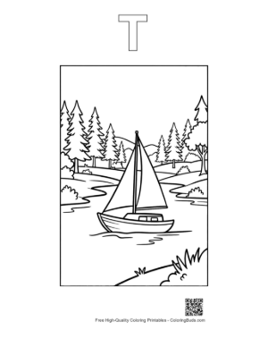 Thumbnail: Sailing Along a Scenic River Bank with Tall Trees Printable Outline Alphabet T