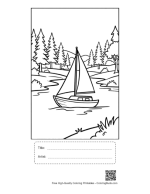 Thumbnail: Sailing Along a Scenic River Bank with Tall Trees Printable with Title and Artist Box