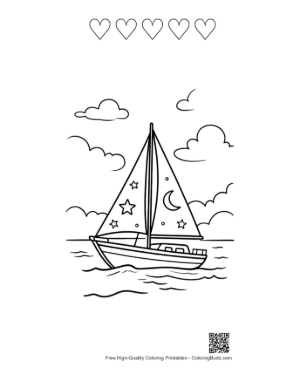 Thumbnail: Sailing Boat on the Sea Under a Starry Night Sky Printable and 5 Heart Outline