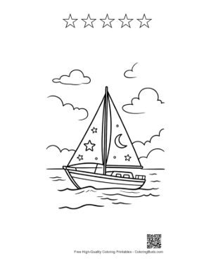 Thumbnail: Sailing Boat on the Sea Under a Starry Night Sky Printable and 5 Star Outline