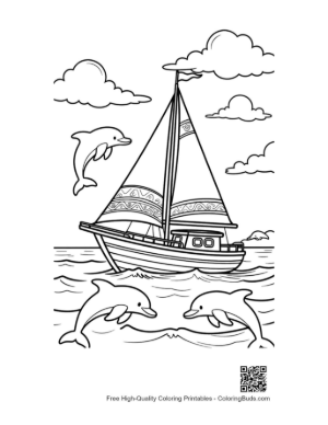 Thumbnail: Scenic Ocean Sail with Dolphins and Fluffy Clouds Printable