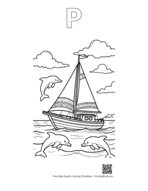 Thumbnail: Scenic Ocean Sail with Dolphins and Fluffy Clouds Printable Outline Alphabet P