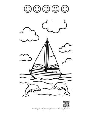 Thumbnail: Yacht Sailing Alongside Playful Dolphins at Sea Printable and 5 Happy Face Outline