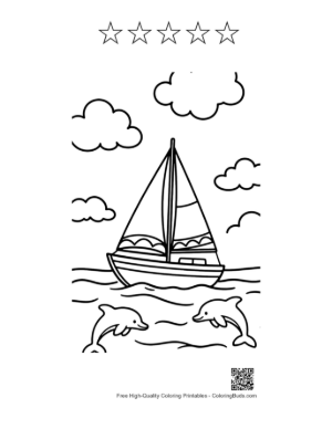 Thumbnail: Yacht Sailing Alongside Playful Dolphins at Sea Printable and 5 Star Outline