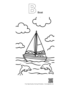 Thumbnail: Yacht Sailing Alongside Playful Dolphins at Sea Printable Outline Alphabet B Boat
