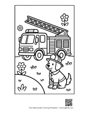 Thumbnail: Adorable Fire Dog Puppy Sitting by a Fire Engine Printable